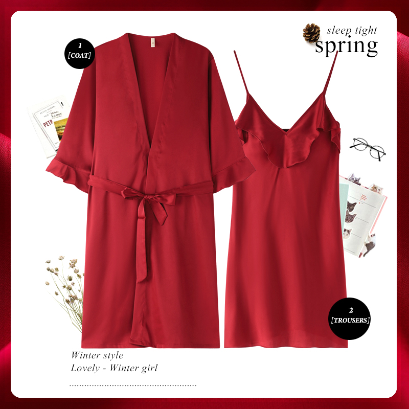 乐姿梦旗舰店乐姿梦情侣睡衣夏季冰丝红色女新娘晨袍吊带睡裙结婚新婚套装男士2