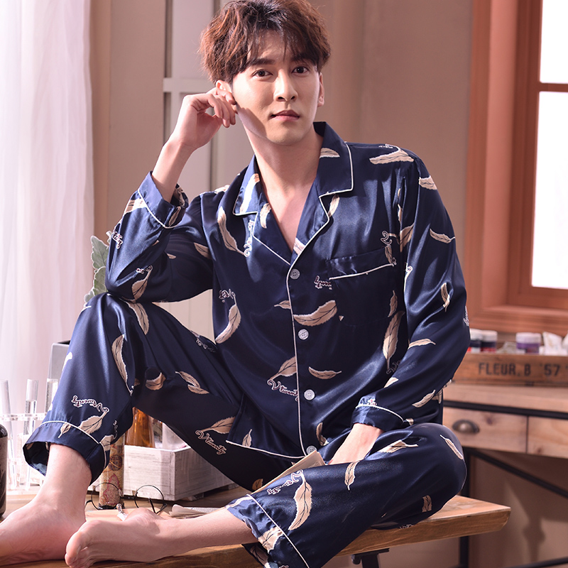 乐姿梦旗舰店睡衣男春秋季长袖仿真丝绸薄款休闲男士青年秋冬款冰丝家居服套装3