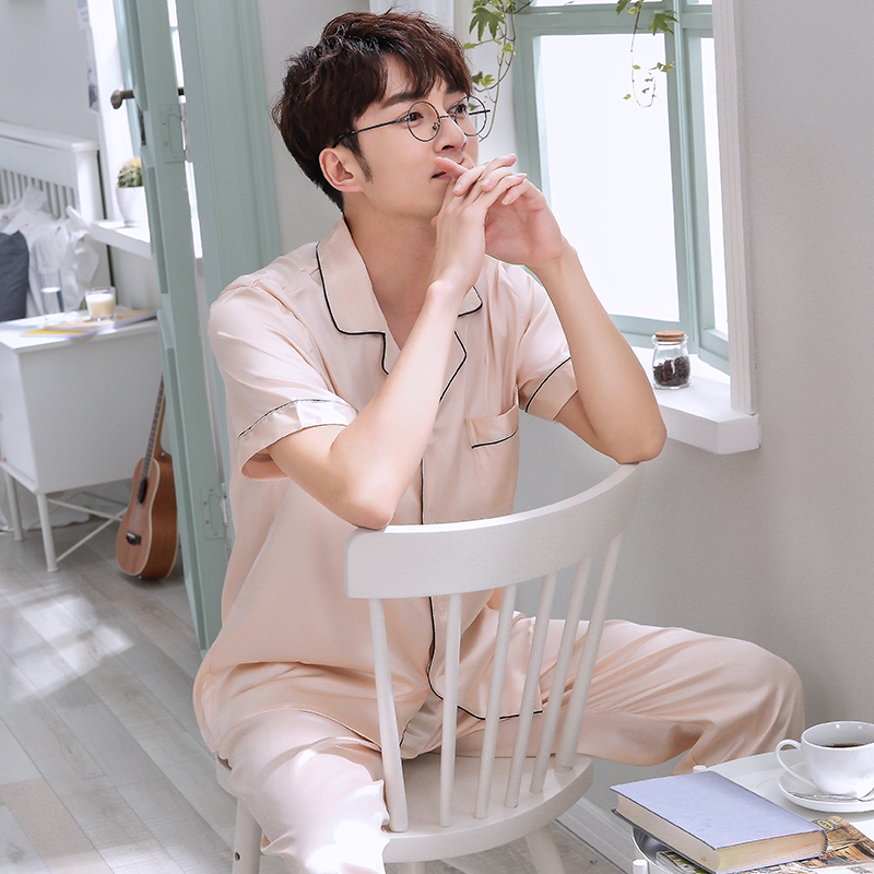 乐姿梦旗舰店睡衣男士夏季短袖长裤夏天薄款冰丝仿真丝绸开衫加大码家居服套装1
