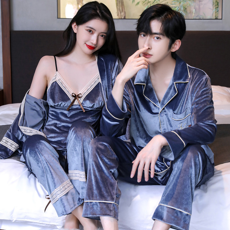 乐姿梦秋冬季情侣睡衣女性感金丝绒三件套红色结婚新婚男士家居服,淘宝优惠券,粉丝福利购,淘宝优惠卷