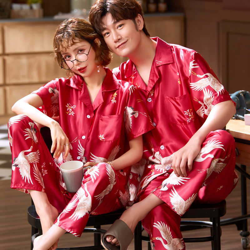 乐姿梦旗舰店仙鹤情侣睡衣女夏季冰丝短袖长裤卡通家居服男士丝绸套装本命年红0