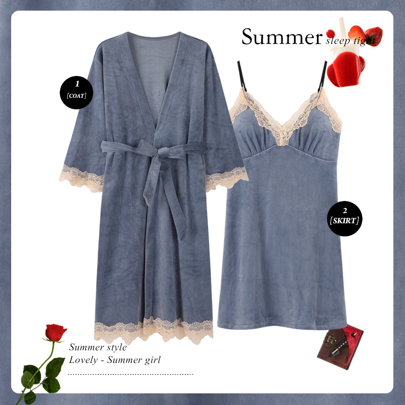 乐姿梦旗舰店乐姿梦海岛绒秋冬季情侣睡衣女珊瑚绒吊带睡袍加绒长袖男士套装2