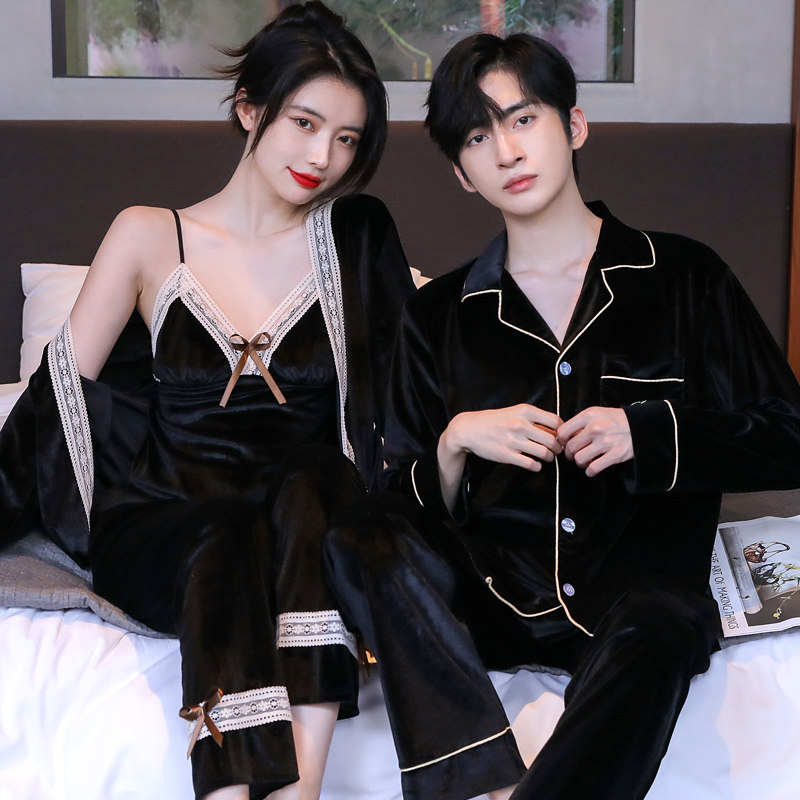 乐姿梦秋冬季情侣睡衣女性感金丝绒三件套红色结婚新婚男士家居服,淘宝优惠券,粉丝福利购,淘宝优惠卷