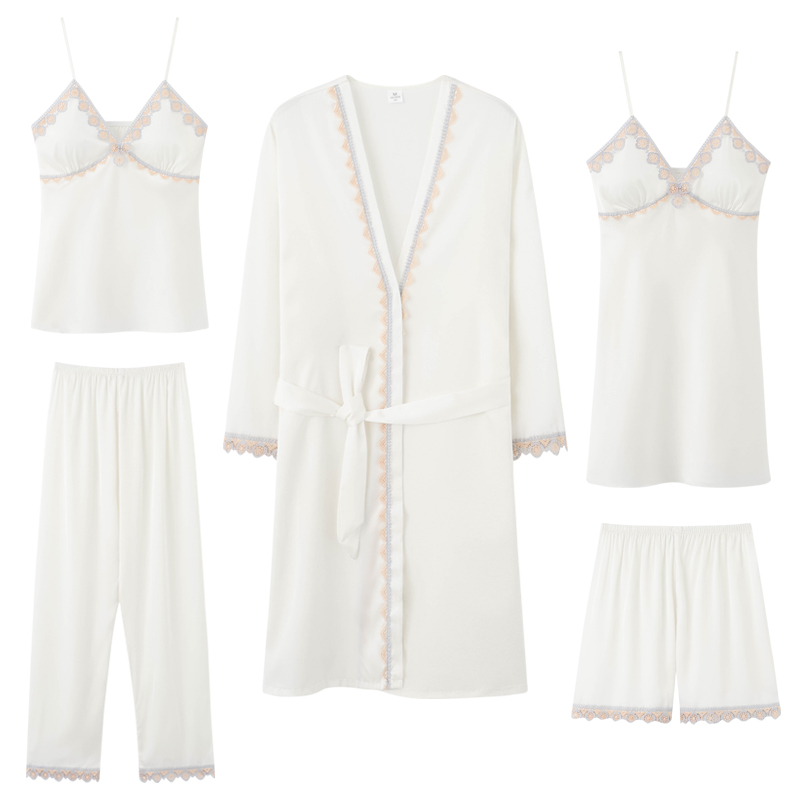 乐姿梦旗舰店乐姿梦睡衣女春秋季冰丝长袖五件套性感吊带睡袍洋气高级感家居服0