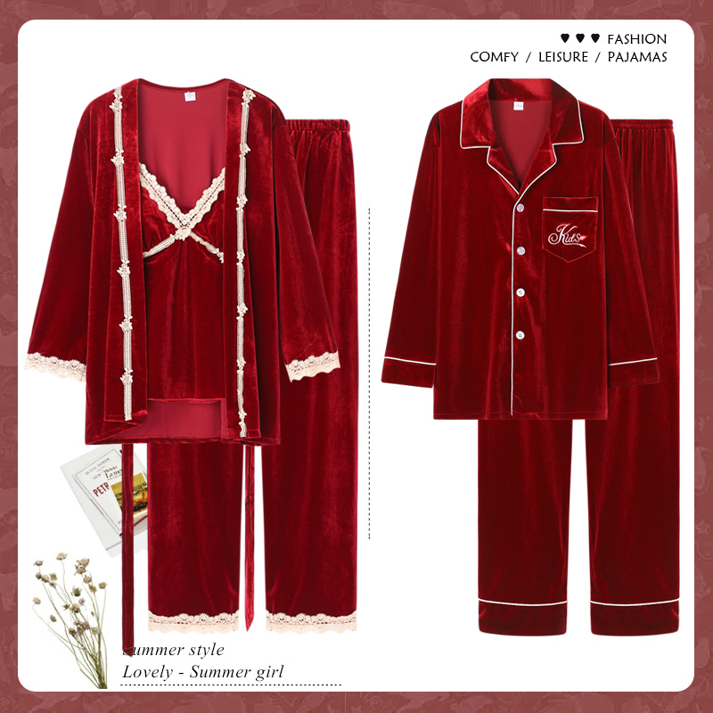 乐姿梦旗舰店男士睡衣长袖加厚婚庆情侣春秋冬季红色结婚金丝绒女新娘三件套装3