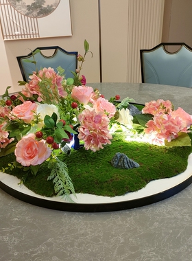 酒店餐桌摆件圆桌中间转盘摆花桌花新中式创意桌芯装饰品包间摆设