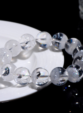 久雅水晶 天然彩虹白幽灵圆珠手链 七彩白色幽灵手链 厂家直销