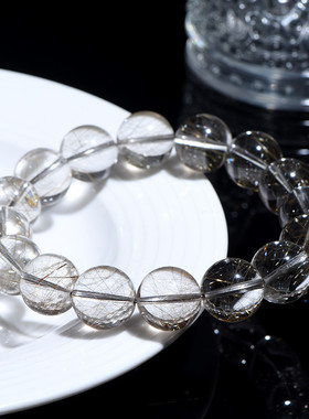 久雅水晶 天然5A级银发晶圆珠手链 魔鬼发晶散珠手串 厂家直销