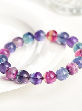 久雅水晶  天然紫色萤石圆珠手链 彩虹色萤石散珠手链 厂家直销