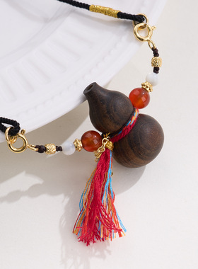 新中式天然黑檀葫芦红玛瑙白蝶贝福禄项链中式轻奢毛衣锁骨链批发