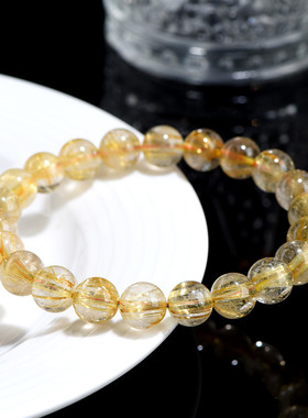 久雅水晶 天然7A级顺发金发晶圆珠手链 粗发板发钛晶手串 批发