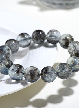 久雅水晶 7A级天然黑爆闪海蓝宝圆珠手链 冰种银爆闪海蓝宝手串