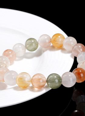 久雅水晶 天然多色彩兔毛圆珠手链 多彩渐变兔毛发散珠手串 批发