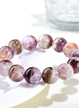 久雅水晶 天然彩极光聚宝盆圆珠手链 老矿多色极光散珠手串 批发
