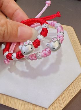 999纯银手链圆珠凯蒂猫手工编织红绳足银手链小众女儿童宝宝礼物