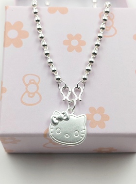 新款999宝宝纯银项链女kitty猫轻奢小众设计感圆珠锁骨链儿童礼物