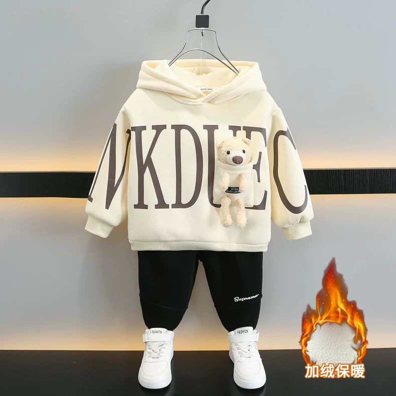 男童卫衣套装2025新款痞帅男宝秋冬加绒连帽上衣长裤时尚两件套,淘宝优惠券,粉丝福利购,淘宝优惠卷
