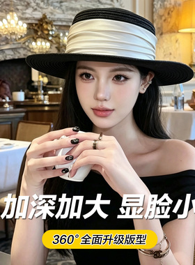 大头围法式复古气质黑色平顶草帽