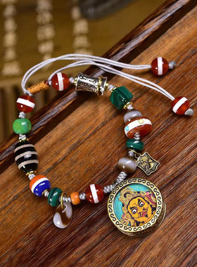 纯手工编制手绳天然玛瑙多宝一线天珠黄财神小唐卡吊坠文玩手链
