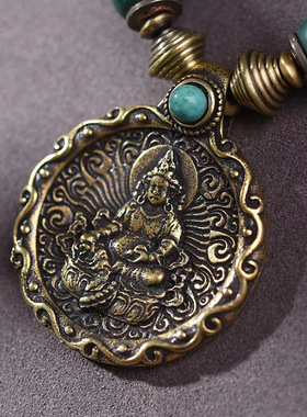 藏区老天铁黄财神吊坠手工编制绳项链锁骨链铜包边挂绳挂脖毛衣链