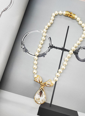 镶钻珍珠蝴蝶结项链 女小众设计感气质女珍珠项链 时尚吊坠项链