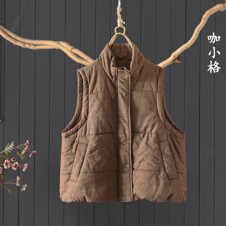 文艺宽松100%棉马甲无袖棉衣棉服背心冬季宽松夹棉加厚格子马夹女