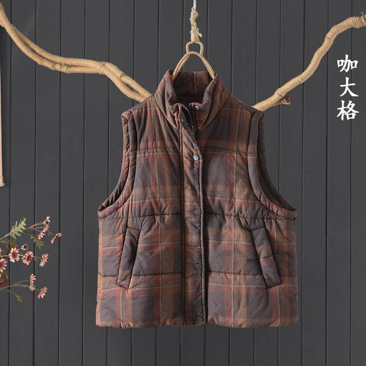 文艺宽松100%棉马甲无袖棉衣棉服背心冬季宽松夹棉加厚格子马夹女