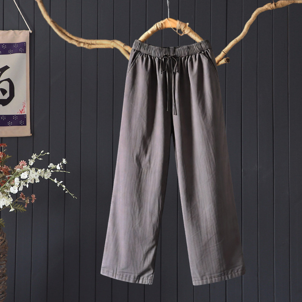 宽松显瘦纯色系带松紧腰夹棉直筒裤100%棉长裤文艺冬季保暖棉裤女,淘宝优惠券,粉丝福利购,淘宝优惠卷