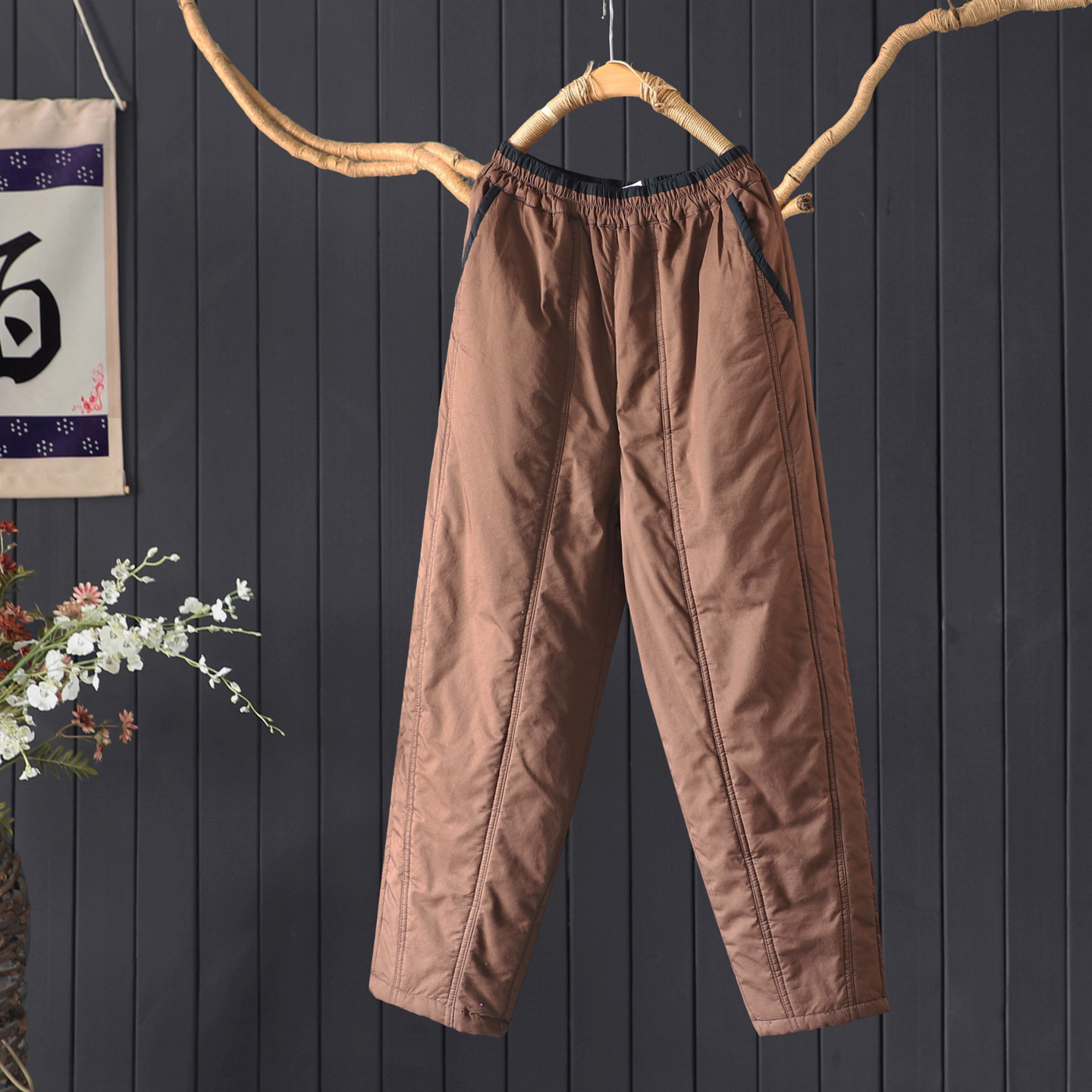 冬季宽松保暖撞色贴边夹棉加厚哈伦裤萝卜裤长裤女100%棉小脚棉裤