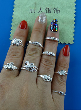 包邮99纯银戒指女尾戒鱼蝴蝶银饰