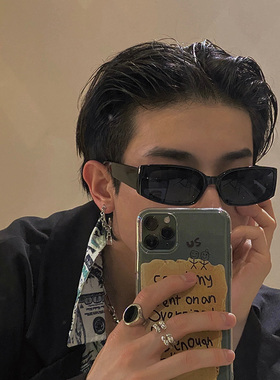 嘻哈墨镜太阳眼镜长方形窄框黑色蹦迪潮牌街拍青年男眼睛潮女复古