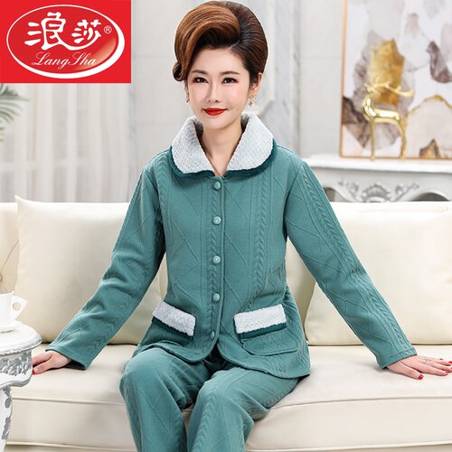 中年妈妈夹层睡衣女春秋冬季纯棉长袖空气棉中老年加厚保暖家居服 - 图0