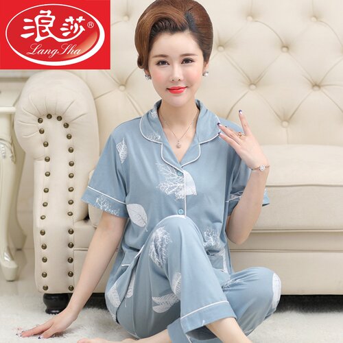 睡衣女短袖长裤纯棉妈妈春夏季薄款开衫加大码中老年全棉两件套装 - 图0
