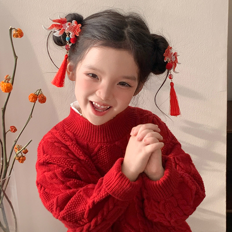 红色流苏锦鲤发夹小金鱼夹子儿童汉服古风头饰女童新年发饰宝宝,淘宝优惠券,粉丝福利购,淘宝优惠卷