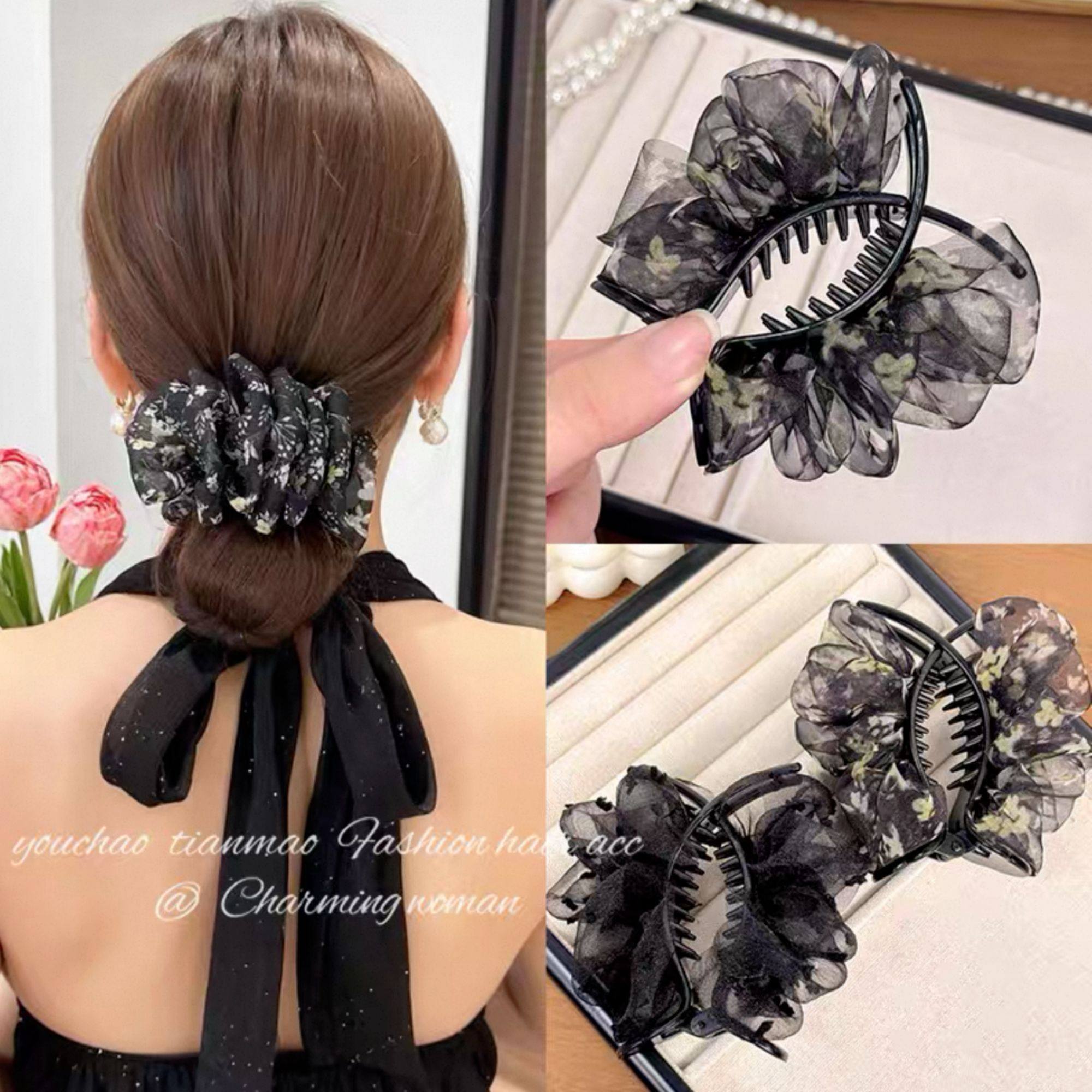 2025春夏季新款褶皱款气质百搭网纱款简约优雅丸子印花雪纺皱抓夹,淘宝优惠券,粉丝福利购,淘宝优惠卷