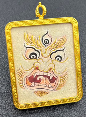 西藏唐卡嘎呜盒矿砂手绘五路财神法眼吊坠黄财神挂坠随身挂坠批发