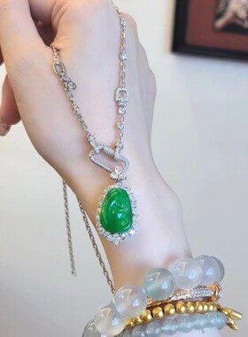 缅甸冰种如意翡翠吊坠天然满阳绿事事如意玉吊坠女款项链正品玉坠