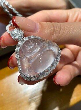 缅甸玻璃种佛公翡翠吊坠天然白冰弥勒佛玉吊坠高冰玉佛玉坠正品女