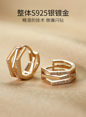 宽版纯银耳环镶钻三环耳扣耳圈