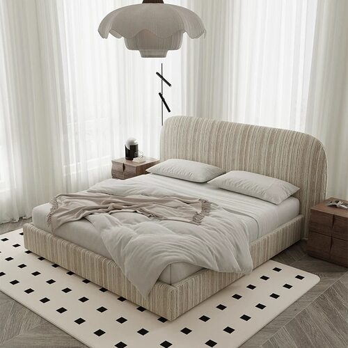 法式侘寂风软包布艺床现代简约主卧室北欧复古风雪尼尔网红双人床 - 图1