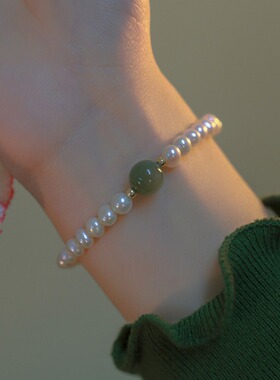 青黛猫眼石珍珠手链ins小众百搭