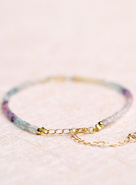 2mm极细彩虹萤石14k包金手链饰品