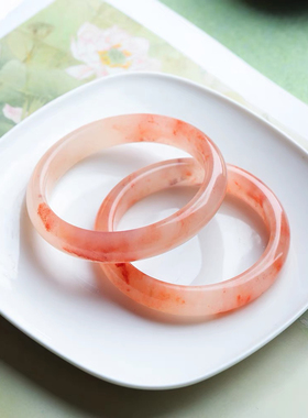 金丝玉手镯女款桃花酿玉镯子新疆天然玉石粉色水晶手饰时尚礼物