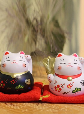 陶瓷工艺品招财摆件 开业存钱罐家居店铺手绘锦彩五福招财猫