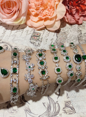 水滴手链镶钻祖母绿宫廷风手环