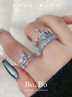 精致蓝色水晶锆石鱼尾戒指女轻奢宫廷叠戴甜酷锆石皇冠指环食指戒