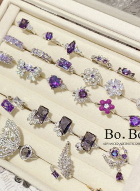 蝴蝶花朵镂空方块戒指水晶夸张