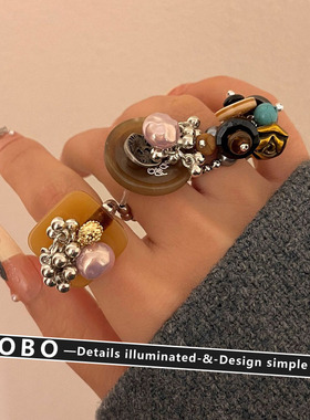 小众设计手工扭扣串珠小贝壳戒指个性百搭弹力绳粉色珍珠珍珠指环