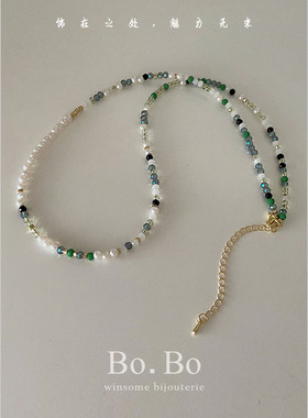 双层叠戴绿色天然石竹节项链女