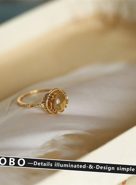 法式复古宫廷风蕾丝花纹黄水晶戒指女小众设计感高级轻奢食指戒